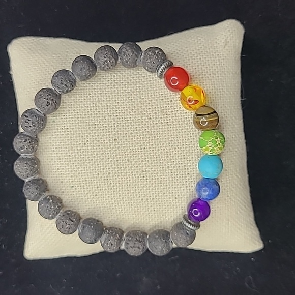 Chakra Stretch Bracelet Rainbow Crystal Semiprecious Gemstones Black Lava Rock - Picture 4 of 5